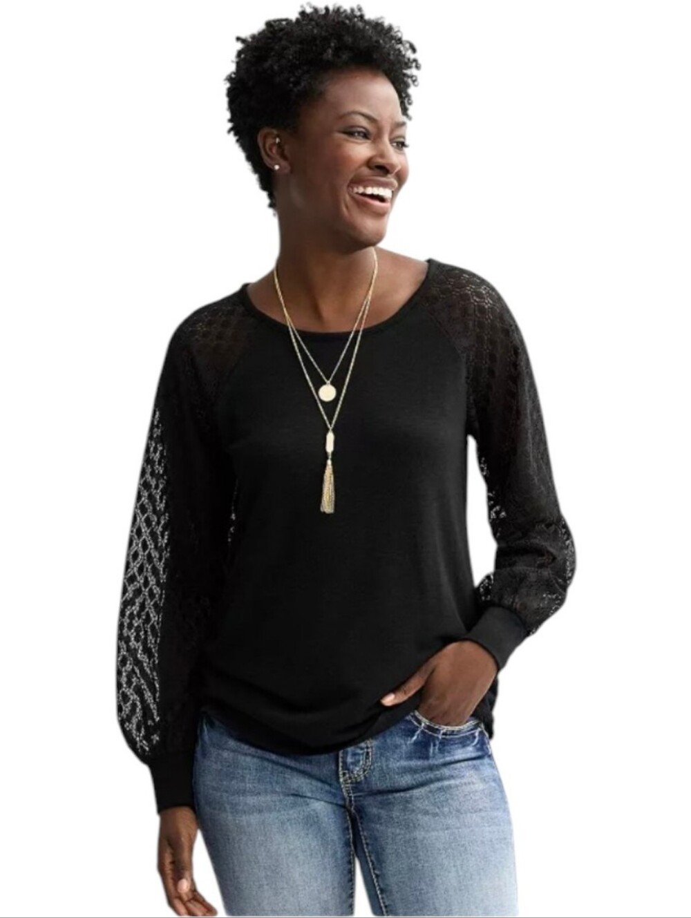 Apt. 9 Women's Black Crew Neck Top Sz XXL Lace Sleeve W-574